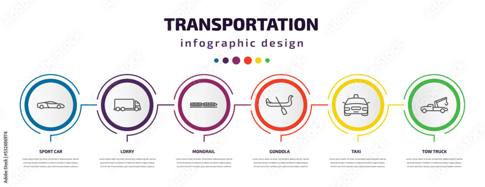 transportation infographic template with icons and 6 step or option. transportation icons such as sport car, lorry, monorail, gondola, taxi, tow truck vector. can be used for banner, info graph,