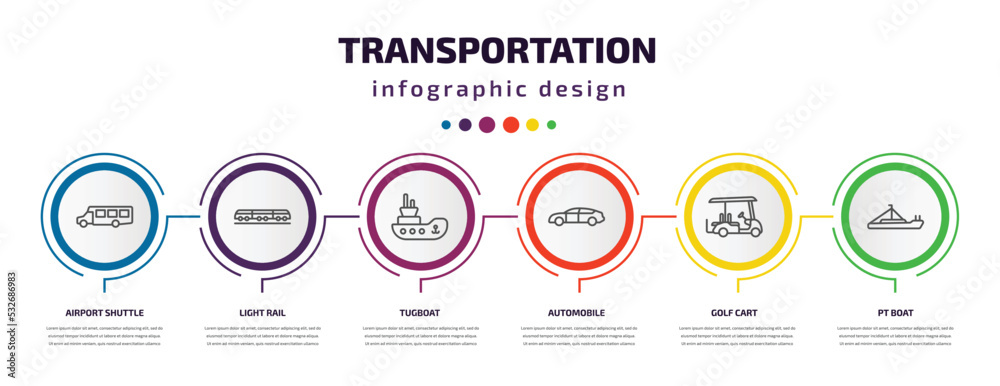 transportation infographic template with icons and 6 step or option. transportation icons such as airport shuttle, light rail, tugboat, automobile, golf cart, pt boat vector. can be used for banner,