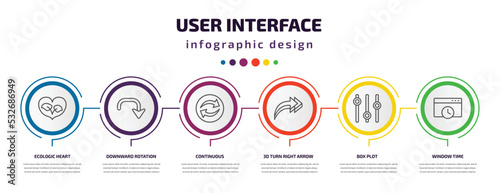 user interface infographic template with icons and 6 step or option. user interface icons such as ecologic heart, downward rotation, continuous, 3d turn right arrow, box plot, window time vector.