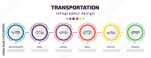 transportation infographic template with icons and 6 step or option. transportation icons such as military helicopter, hearse, limousine, minibus, patrol car, school bus vector. can be used for