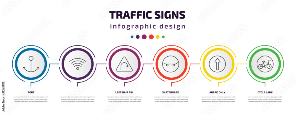 traffic signs infographic template with icons and 6 step or option. traffic signs icons such as port, , left hair pin, skateboard, ahead only, cycle lane vector. can be used for banner, info graph, traffic signs infographic template with icons and 6 step or option. traffic signs icons such as port, , left hair pin, skateboard, ahead only, cycle lane vector. can be used for banner, info graph,