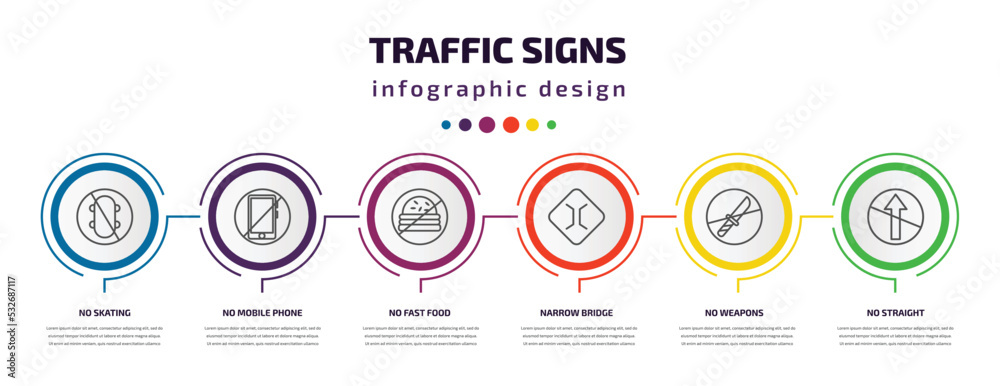 traffic signs infographic template with icons and 6 step or option. traffic signs icons such as no skating, no mobile phone, no fast food, narrow bridge, weapons, straight vector. can be used for traffic signs infographic template with icons and 6 step or option. traffic signs icons such as no skating, no mobile phone, no fast food, narrow bridge, weapons, straight vector. can be used for