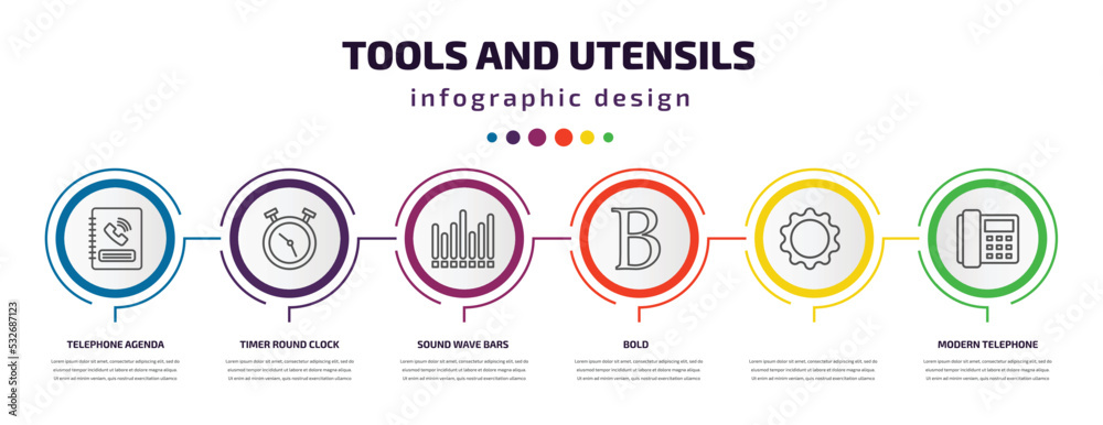 tools and utensils infographic template with icons and 6 step or option. tools and utensils icons such as telephone agenda, timer round clock, sound wave bars, bold, , modern telephone vector. can tools and utensils infographic template with icons and 6 step or option. tools and utensils icons such as telephone agenda, timer round clock, sound wave bars, bold, , modern telephone vector. can