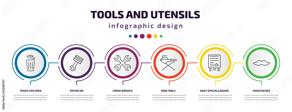tools and utensils infographic template with icons and 6 step or option. tools and utensils icons such as trash can open, piston on, cross wrench, iron table, daily specials board, moustaches tools and utensils infographic template with icons and 6 step or option. tools and utensils icons such as trash can open, piston on, cross wrench, iron table, daily specials board, moustaches