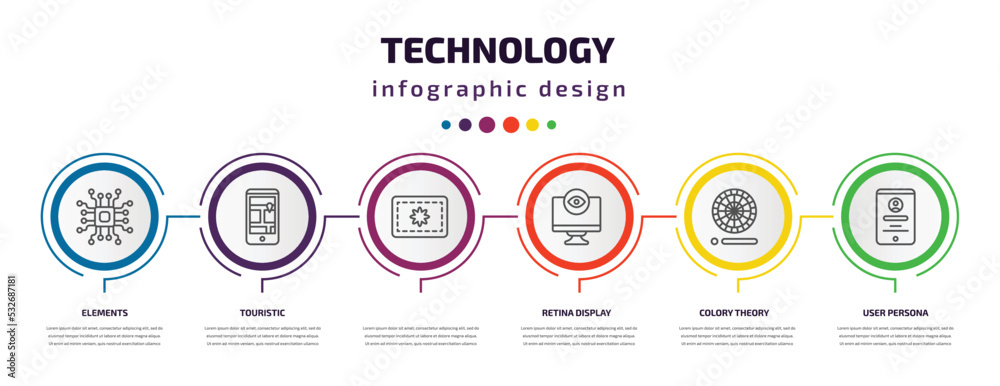 technology infographic template with icons and 6 step or option. technology icons such as elements, touristic, , retina display, colory theory, user persona vector. can be used for banner, info technology infographic template with icons and 6 step or option. technology icons such as elements, touristic, , retina display, colory theory, user persona vector. can be used for banner, info