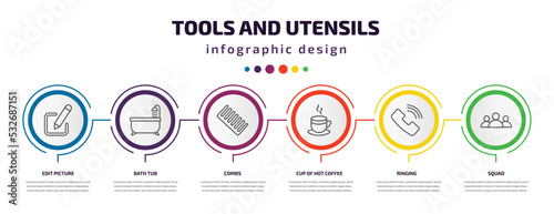 tools and utensils infographic template with icons and 6 step or option. tools and utensils icons such as edit picture, bath tub, combs, cup of hot coffee, ringing, squad vector. can be used for