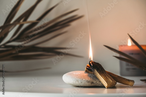 Palo Santo sticks on a light background.Aromatherapy religious rituals meditation.Wellness with aromatherapy and the occult.Healing incense Palo Santo.Organic incense of the holy ritual tree.Ibiokai