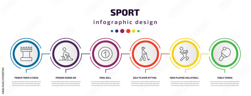 sport infographic template with icons and 6 step or option. sport icons such as tower from a chess, person riding on sleigh, pool ball, golf player hitting, man playing volleyball, table tennis sport infographic template with icons and 6 step or option. sport icons such as tower from a chess, person riding on sleigh, pool ball, golf player hitting, man playing volleyball, table tennis