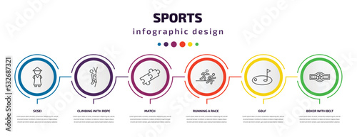 sports infographic template with icons and 6 step or option. sports icons such as sesei, climbing with rope, match, running a race, golf, boxer with belt vector. can be used for banner, info graph,