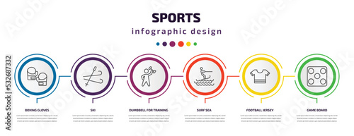 sports infographic template with icons and 6 step or option. sports icons such as boxing gloves, ski, dumbbell for training, surf sea, football jersey, game board vector. can be used for banner,