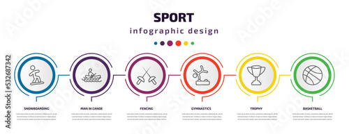 sport infographic template with icons and 6 step or option. sport icons such as snowboarding, man in canoe, fencing, gymnastics, trophy, basketball vector. can be used for banner, info graph, web,
