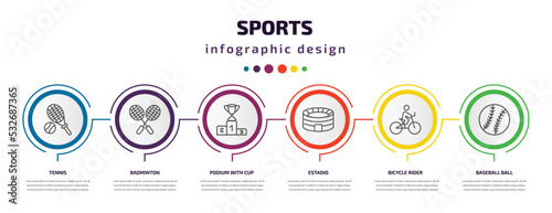 sports infographic template with icons and 6 step or option. sports icons such as tennis, badminton, podium with cup, estadio, bicycle rider, baseball ball vector. can be used for banner, info
