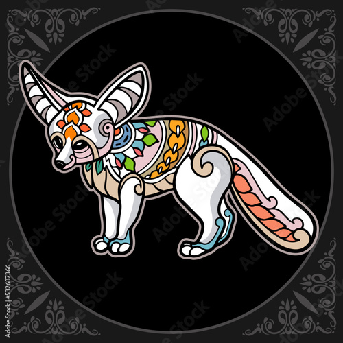 Colorful fennec fox mandala arts isolated on black background