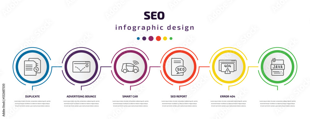seo infographic template with icons and 6 step or option. seo icons such as duplicate, advertising bounce, smart car, seo report, error 404, vector. can be used for banner, info graph, web, seo infographic template with icons and 6 step or option. seo icons such as duplicate, advertising bounce, smart car, seo report, error 404, vector. can be used for banner, info graph, web,