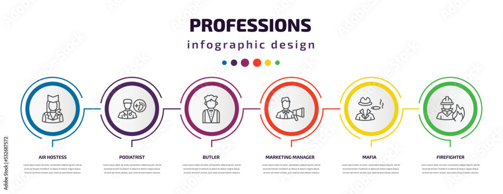 professions infographic template with icons and 6 step or option. professions icons such as air hostess, podiatrist, butler, marketing manager, mafia, firefighter vector. can be used for banner, professions infographic template with icons and 6 step or option. professions icons such as air hostess, podiatrist, butler, marketing manager, mafia, firefighter vector. can be used for banner,