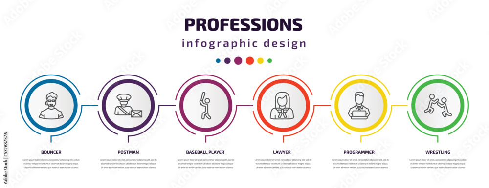 professions infographic template with icons and 6 step or option. professions icons such as bouncer, postman, baseball player, lawyer, programmer, wrestling vector. can be used for banner, info professions infographic template with icons and 6 step or option. professions icons such as bouncer, postman, baseball player, lawyer, programmer, wrestling vector. can be used for banner, info