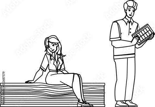 mattress shop line pencil drawing vector. bed store, furniture buy, bedroom sale choose mattress shop character. people Illustration