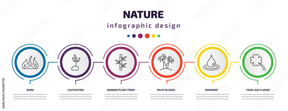 nature infographic template with icons and 6 step or option. nature icons such as burn, cultivation, bamboo plant from japan, palm islands, raindrop, four leaf clover vector. can be used for banner,