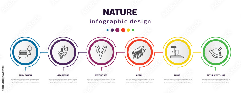 nature infographic template with icons and 6 step or option. nature icons such as park bench, grapevine, two roses, fern, ruins, saturn with his ring vector. can be used for banner, info graph, web, nature infographic template with icons and 6 step or option. nature icons such as park bench, grapevine, two roses, fern, ruins, saturn with his ring vector. can be used for banner, info graph, web,