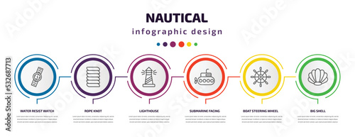 nautical infographic template with icons and 6 step or option. nautical icons such as water resist watch, rope knot, lighthouse, submarine facing right, boat steering wheel, big shell vector. can be