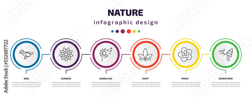 nature infographic template with icons and 6 step or option. nature icons such as bird, gerbera, dandelion, hemp, peony, windstorm vector. can be used for banner, info graph, web, presentations.