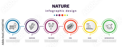 nature infographic template with icons and 6 step or option. nature icons such as park bench, grapevine, two roses, fern, ruins, saturn with his ring vector. can be used for banner, info graph, web,