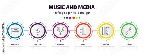music and media infographic template with icons and 6 step or option. music and media icons such as whole rest, treble clef, diapason, repeat, alto clef, clarinet vector. can be used for banner,