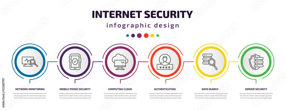 internet security infographic template with icons and 6 step or option. internet security icons such as network monitoring, mobile phone security, computing cloud, authentication, data search, internet security infographic template with icons and 6 step or option. internet security icons such as network monitoring, mobile phone security, computing cloud, authentication, data search,