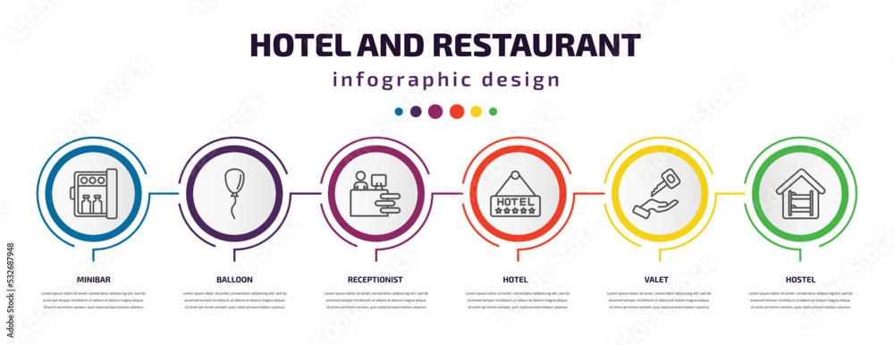 hotel and restaurant infographic template with icons and 6 step or option. hotel and restaurant icons such as minibar, balloon, receptionist, hotel, valet, hostel vector. can be used for banner, hotel and restaurant infographic template with icons and 6 step or option. hotel and restaurant icons such as minibar, balloon, receptionist, hotel, valet, hostel vector. can be used for banner,