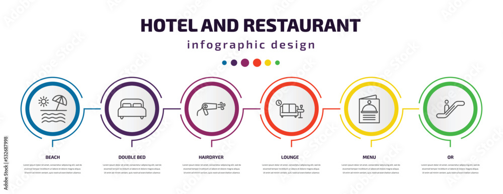hotel and restaurant infographic template with icons and 6 step or option. hotel and restaurant icons such as beach, double bed, hairdryer, lounge, menu, or vector. can be used for banner, info hotel and restaurant infographic template with icons and 6 step or option. hotel and restaurant icons such as beach, double bed, hairdryer, lounge, menu, or vector. can be used for banner, info