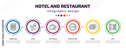 hotel and restaurant infographic template with icons and 6 step or option. hotel and restaurant icons such as vending hine, olives, left-luggage, do not disturb, towels, bunk vector. can be used for