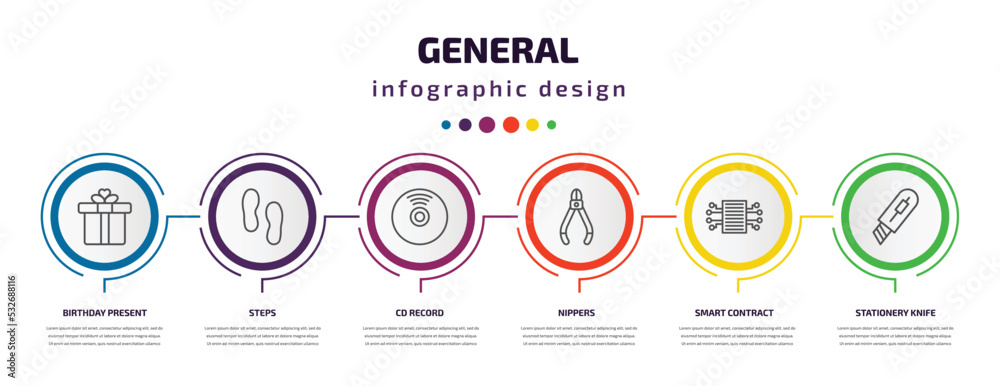 general infographic template with icons and 6 step or option. general icons such as birthday present, steps, cd record, nippers, smart contract, stationery knife vector. can be used for banner, info general infographic template with icons and 6 step or option. general icons such as birthday present, steps, cd record, nippers, smart contract, stationery knife vector. can be used for banner, info