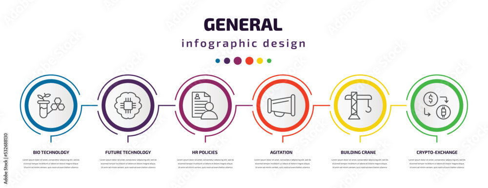 general infographic template with icons and 6 step or option. general icons such as bio technology, future technology, hr policies, agitation, building crane, crypto-exchange vector. can be used for general infographic template with icons and 6 step or option. general icons such as bio technology, future technology, hr policies, agitation, building crane, crypto-exchange vector. can be used for