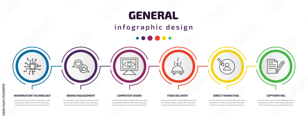 general infographic template with icons and 6 step or option. general icons such as information technology, brand engagement, computer vision, food delivery, direct marketing, copywriting vector. general infographic template with icons and 6 step or option. general icons such as information technology, brand engagement, computer vision, food delivery, direct marketing, copywriting vector.