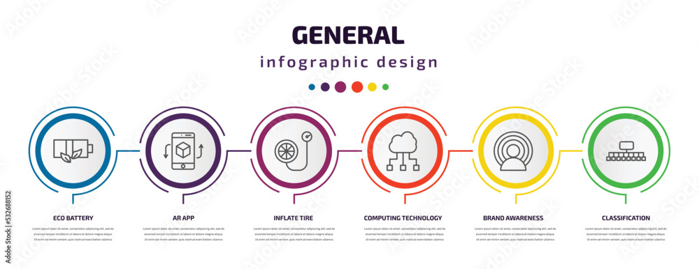 general infographic template with icons and 6 step or option. general icons such as eco battery, ar app, inflate tire, computing technology, brand awareness, classification vector. can be used for general infographic template with icons and 6 step or option. general icons such as eco battery, ar app, inflate tire, computing technology, brand awareness, classification vector. can be used for