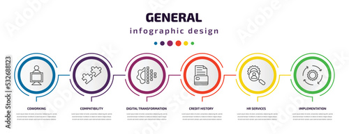 general infographic template with icons and 6 step or option. general icons such as coworking, compatibility, digital transformation, credit history, hr services, implementation vector. can be used