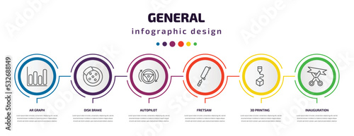 general infographic template with icons and 6 step or option. general icons such as ar graph, disk brake, autopilot, fretsaw, 3d printing, inauguration vector. can be used for banner, info graph,