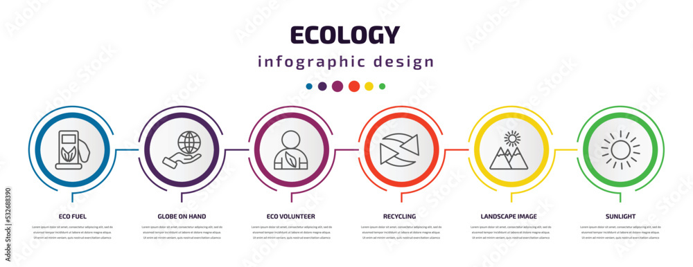ecology infographic template with icons and 6 step or option. ecology icons such as eco fuel, globe on hand, eco volunteer, recycling, landscape image, sunlight vector. can be used for banner, info ecology infographic template with icons and 6 step or option. ecology icons such as eco fuel, globe on hand, eco volunteer, recycling, landscape image, sunlight vector. can be used for banner, info