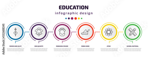 education infographic template with icons and 6 step or option. education icons such as romeo and juliet, don quixote, robinson crusoe, robin hood, atom, school material vector. can be used for