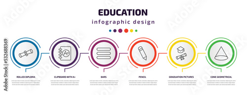 education infographic template with icons and 6 step or option. education icons such as rolled diploma, clipboard with a+, bars, pencil, graduation pictures, cone geometrical vector. can be used for
