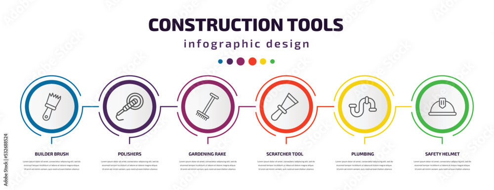 construction tools infographic template with icons and 6 step or option. construction tools icons such as builder brush, polishers, gardening rake, scratcher tool, plumbing, safety helmet vector.