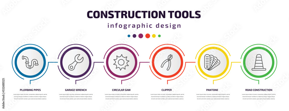 Naklejka premium construction tools infographic template with icons and 6 step or option. construction tools icons such as plumbing pipes, garage wrench, circular saw, clipper, pantone, road construction vector. can