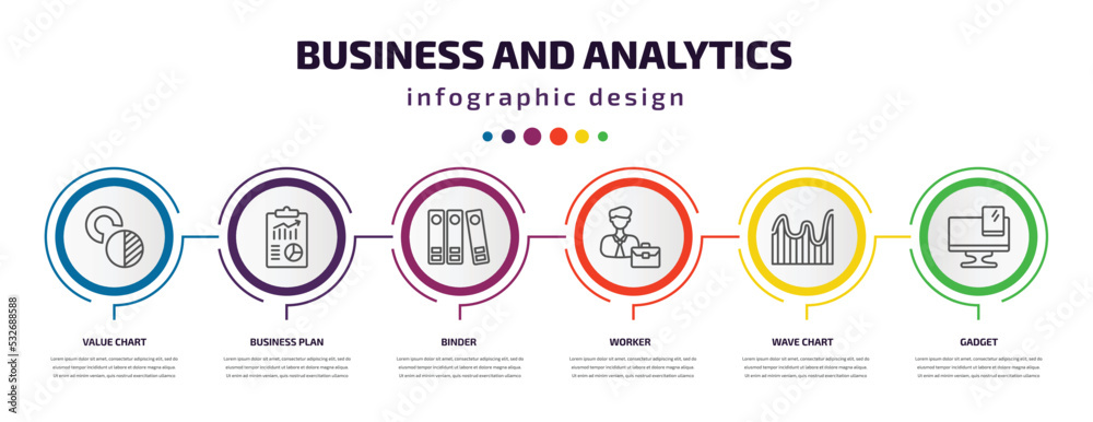 business and analytics infographic template with icons and 6 step or option. business and analytics icons such as value chart, business plan, binder, worker, wave chart, gadget vector. can be used business and analytics infographic template with icons and 6 step or option. business and analytics icons such as value chart, business plan, binder, worker, wave chart, gadget vector. can be used