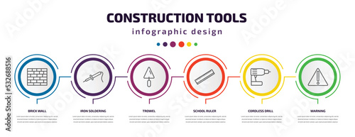 construction tools infographic template with icons and 6 step or option. construction tools icons such as brick wall, iron soldering, trowel, school ruler, cordless drill, warning vector. can be