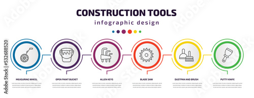 construction tools infographic template with icons and 6 step or option. construction tools icons such as measuring wheel, open paint bucket, allen keys, blade saw, dustpan and brush, putty knife