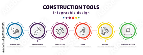 construction tools infographic template with icons and 6 step or option. construction tools icons such as plumbing pipes, garage wrench, circular saw, clipper, pantone, road construction vector. can