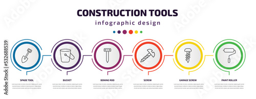 construction tools infographic template with icons and 6 step or option. construction tools icons such as spade tool, bucket, boning rod, screw, garage screw, paint roller vector. can be used for