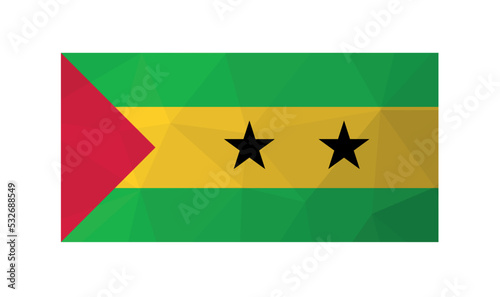 Vector illustration. Official ensign of Sao Tome and Principe. National flag with black stars and red, yellow, green colors. Design in low poly style with triangular shapes