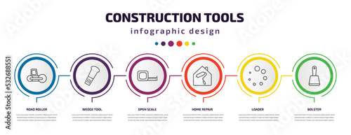 construction tools infographic template with icons and 6 step or option. construction tools icons such as road roller, wedge tool, open scale, home repair, loader, bolster vector. can be used for