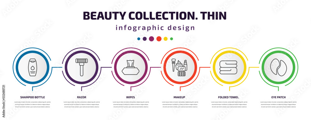 beauty collection. thin infographic template with icons and 6 step or option. beauty collection. thin icons such as shampoo bottle, razor, wipes, makeup, folded towel, eye patch vector. can be used